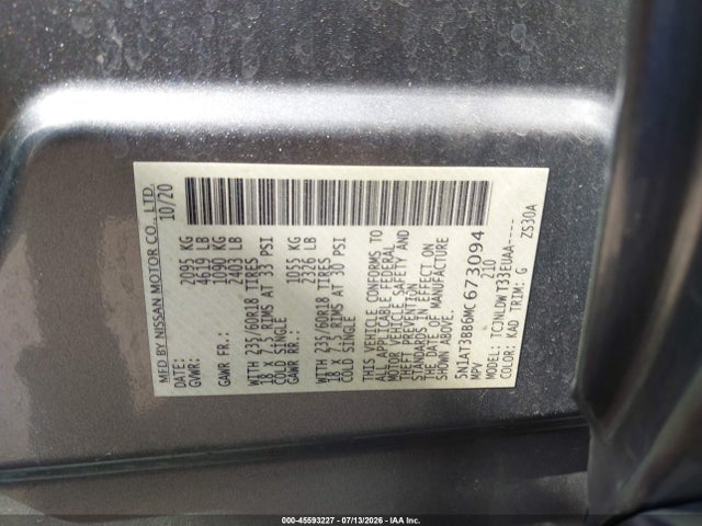 45593227 :رقم المزاد ، 5N1AT3BB6MC673094 vin ، 2021 Nissan Rogue Sv Intelligent Awd مزاد بيع