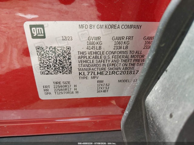 Продажа на аукционе авто 2024 Chevrolet Trax Fwd Lt, vin: KL77LHE21RC201817, номер лота: 45593230