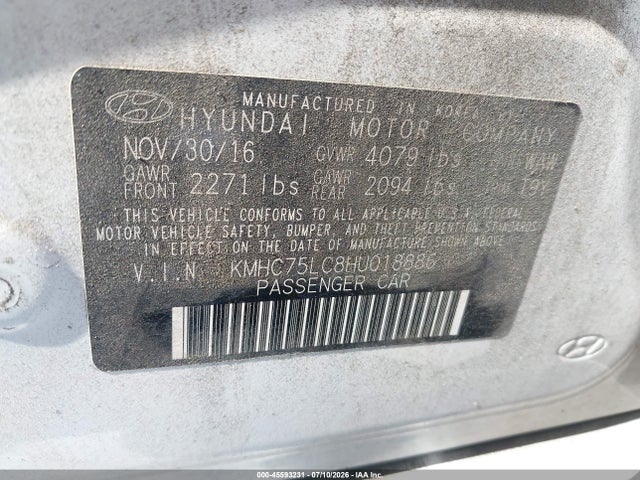 2017 Hyundai Ioniq Hybrid Sel მანქანა იყიდება აუქციონზე, vin: KMHC75LC8HU018886, აუქციონის ნომერი: 45593231