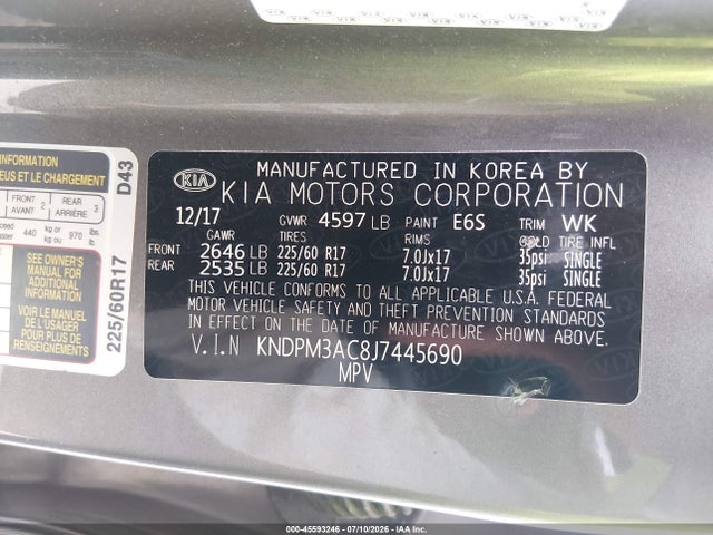 Продажа на аукционе авто 2018 Kia Sportage Lx, vin: KNDPM3AC8J7445690, номер лота: 45593246