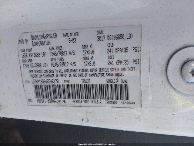 45593269 :رقم المزاد ، 1D7HA18D64S546170 vin ، 2004 Dodge Ram 1500 Slt/laramie مزاد بيع