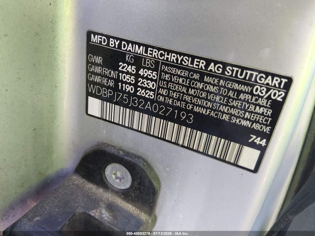 Aukcja sprzedaży 2002 Mercedes-benz Cl 500, vin: WDBPJ75J32A027193, numer aukcji: 45593276