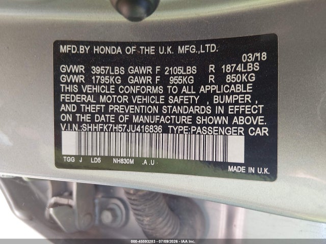 45593283 :رقم المزاد ، SHHFK7H57JU416836 vin ، 2018 Honda Civic Ex مزاد بيع