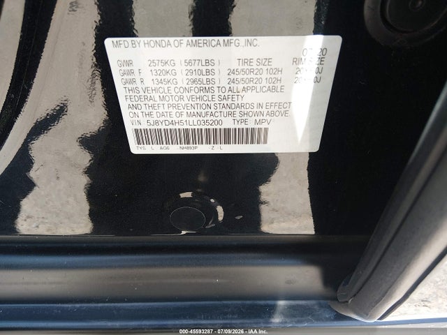45593287 :رقم المزاد ، 5J8YD4H51LL035200 vin ، 2020 Acura Mdx Technology Package مزاد بيع