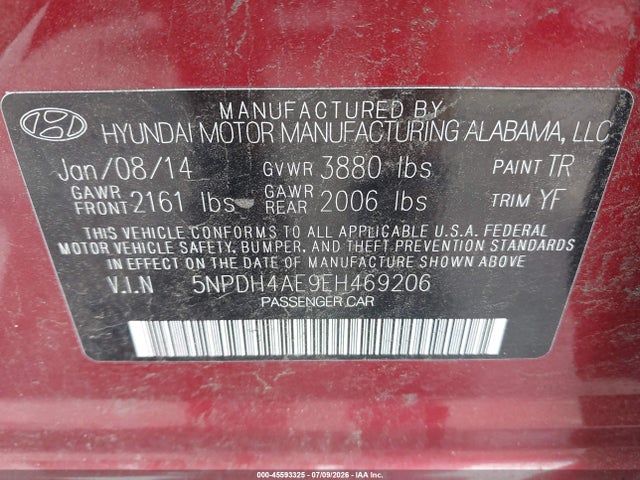 5NPDH4AE9EH469206 Hyundai ELANTRA SE