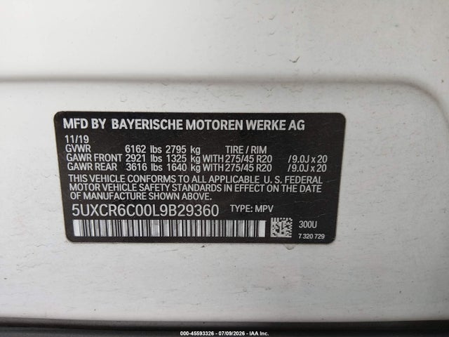 45593326 :رقم المزاد ، 5UXCR6C00L9B29360 vin ، 2020 Bmw X5 Xdrive40i مزاد بيع