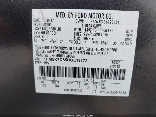Aukcja sprzedaży 2017 Ford Explorer Xlt, vin: 1FM5K7D85HGE19372, numer aukcji: 45593342