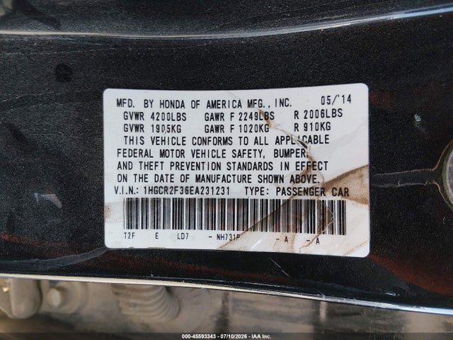 Honda ACCORD LX 2014 1HGCR2F36EA231231 Image 9