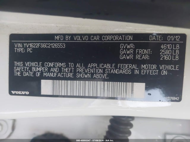 Aukcja sprzedaży 2012 Volvo S60 T5/t5 W/moonroof, vin: YV1622FS6C2126553, numer aukcji: 45593347