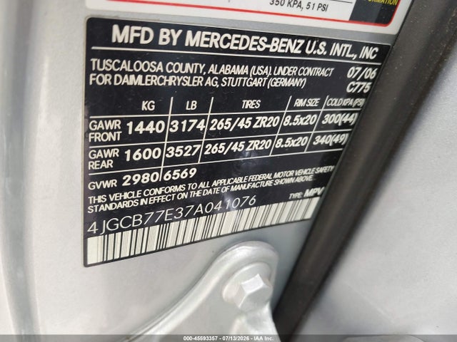 Aukcja sprzedaży 2007 Mercedes-benz R 63 Amg 4matic, vin: 4JGCB77E37A041076, numer aukcji: 45593357