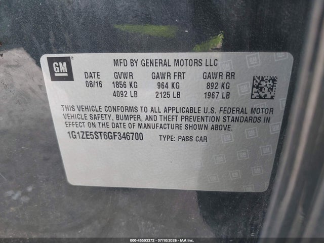 2016 Chevrolet Malibu 1lt მანქანა იყიდება აუქციონზე, vin: 1G1ZE5ST6GF346700, აუქციონის ნომერი: 45593372