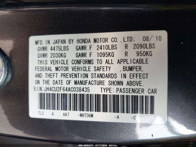 2010 Acura Tsx 2.4 მანქანა იყიდება აუქციონზე, vin: JH4CU2F64AC038435, აუქციონის ნომერი: 45593373