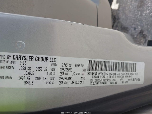 45593375 :رقم المزاد ، 2A4RR5D10AR230510 vin ، 2010 Chrysler Town & Country Touring مزاد بيع