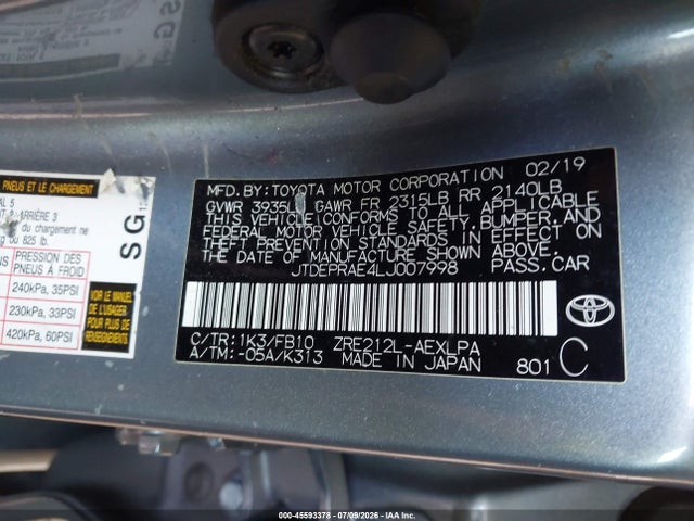 JTDEPRAE4LJ007998 Toyota COROLLA LE