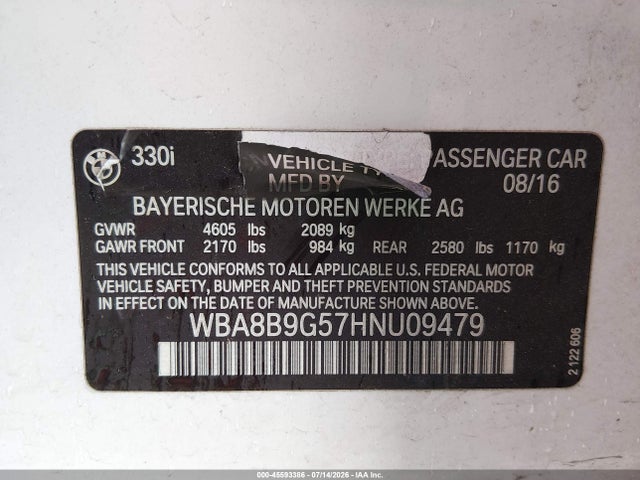 Продажа на аукционе авто 2017 Bmw 3 Series 330i, vin: WBA8B9G57HNU09479, номер лота: 45593386