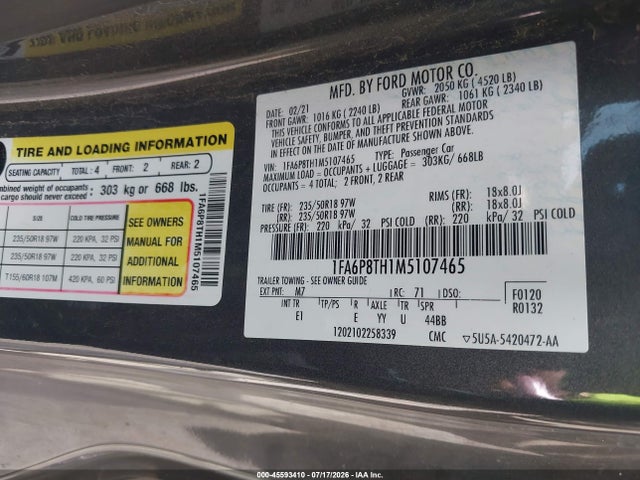 45593410 :رقم المزاد ، 1FA6P8TH1M5107465 vin ، 2021 Ford Mustang مزاد بيع