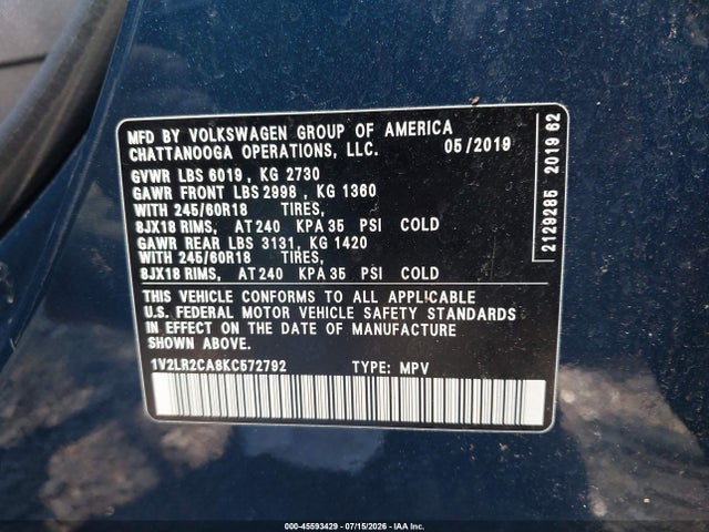 Aukcja sprzedaży 2019 Volkswagen Atlas 3.6l V6 Se, vin: 1V2LR2CA8KC572792, numer aukcji: 45593429