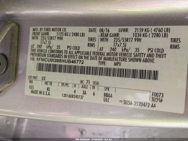 1FMCU0G95HUB46772 Ford ESCAPE SE