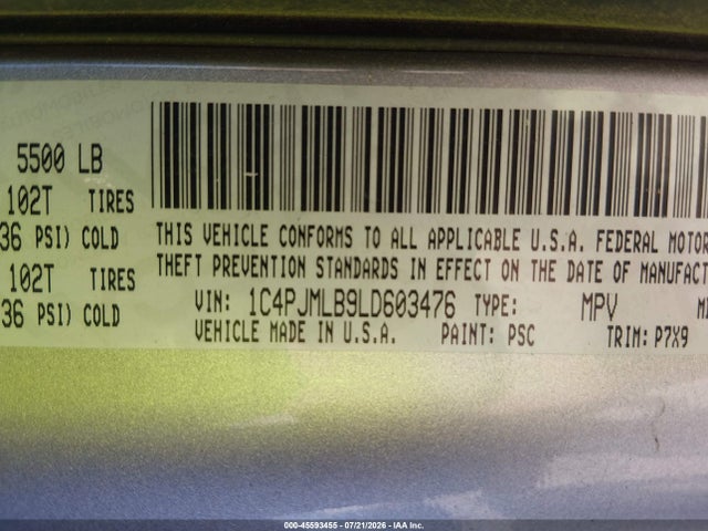 45593455 :رقم المزاد ، 1C4PJMLB9LD603476 vin ، 2020 Jeep Cherokee Latitude Plus 4x4 مزاد بيع