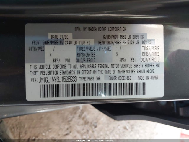 Продажа на аукционе авто 2020 Mazda Mazda6 Grand Touring Reserve, vin: JM1GL1WY6L1526933, номер лота: 45593459