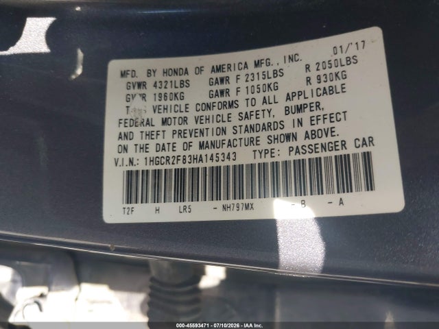 1HGCR2F83HA145343 Honda Accord Ex-l