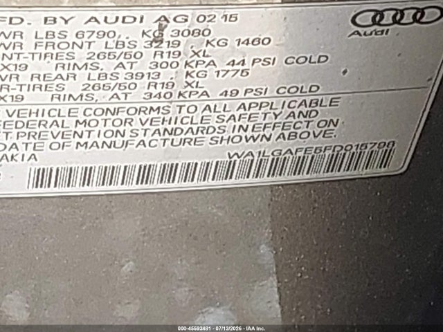 Продажа на аукционе авто 2015 Audi Q7 3.0t Premium, vin: WA1LGAFE5FD015798, номер лота: 45593481