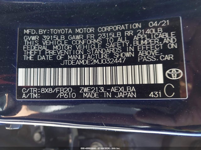 Toyota Corolla Hybrid Le 2021 JTDEAMDE2MJ032447 Image 9