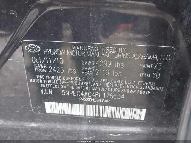 Aukcja sprzedaży 2011 Hyundai Sonata Limited, vin: 5NPEC4AC4BH176634, numer aukcji: 45593512