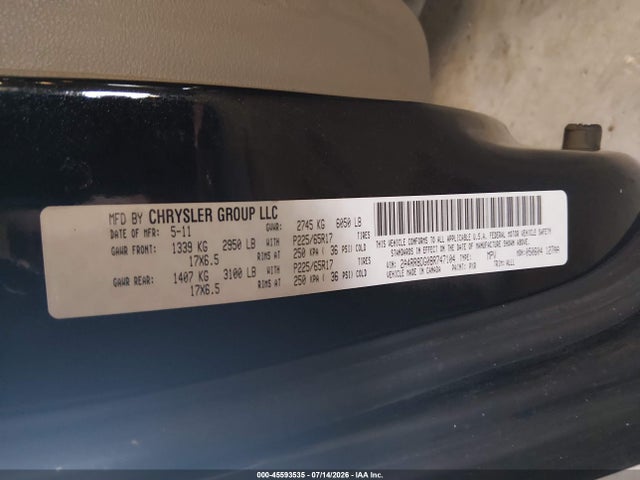 2011 Chrysler Town & Country Touring-l მანქანა იყიდება აუქციონზე, vin: 2A4RR8DG0BR747104, აუქციონის ნომერი: 45593535