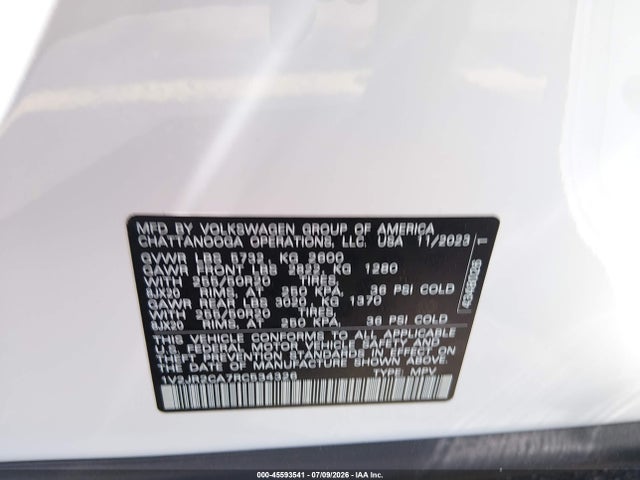 45593541 :رقم المزاد ، 1V2JR2CA7RC534326 vin ، 2024 Volkswagen Atlas 2.0t Se W/technology مزاد بيع