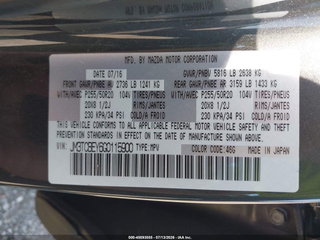 Aukcja sprzedaży 2016 Mazda Cx-9 Signature, vin: JM3TCBEY6G0115900, numer aukcji: 45593555