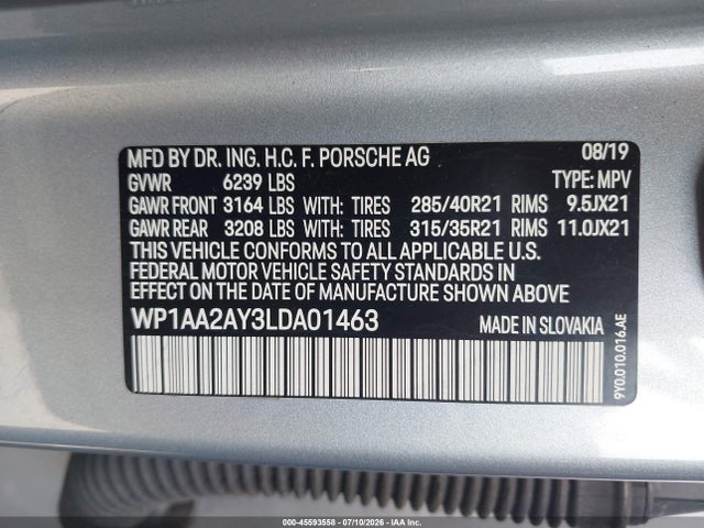 Продажа на аукционе авто 2020 Porsche Cayenne, vin: WP1AA2AY3LDA01463, номер лота: 45593558