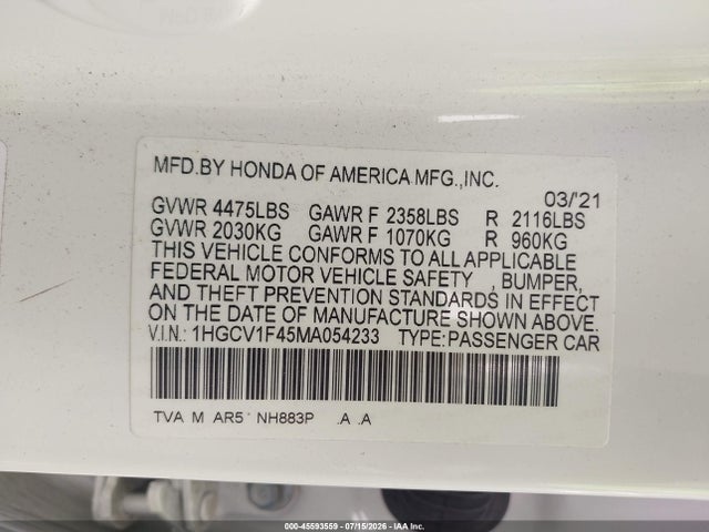 2021 Honda Accord Sport Special Edition მანქანა იყიდება აუქციონზე, vin: 1HGCV1F45MA054233, აუქციონის ნომერი: 45593559