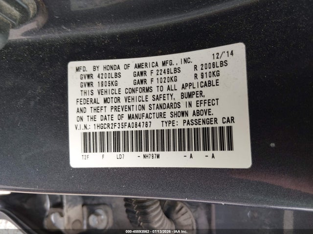Honda ACCORD LX 2015 1HGCR2F35FA084787 Image 9