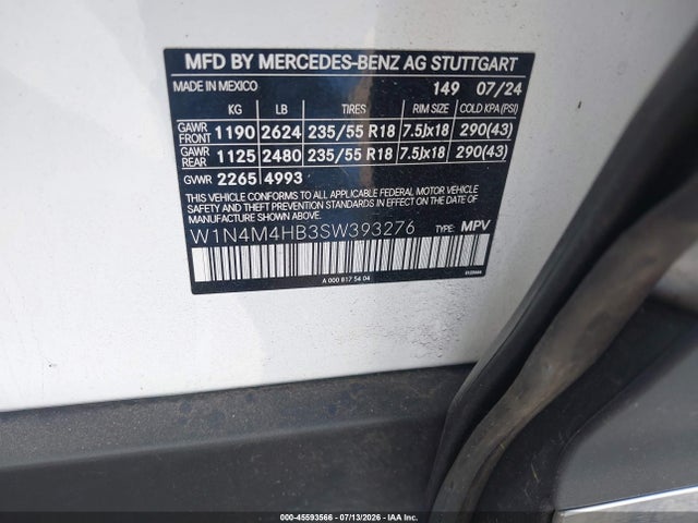 45593566 :رقم المزاد ، W1N4M4HB3SW393276 vin ، 2025 Mercedes-benz Glb 250 4matic مزاد بيع