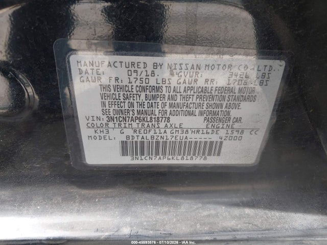 45593576 :رقم المزاد ، 3N1CN7AP6KL818778 vin ، 2019 Nissan Versa 1.6 Sv مزاد بيع