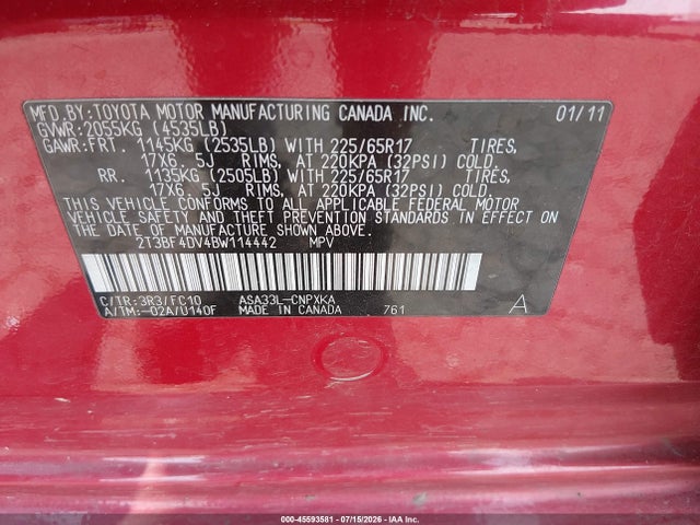 45593581 :رقم المزاد ، 2T3BF4DV4BW114442 vin ، 2011 Toyota Rav4 مزاد بيع