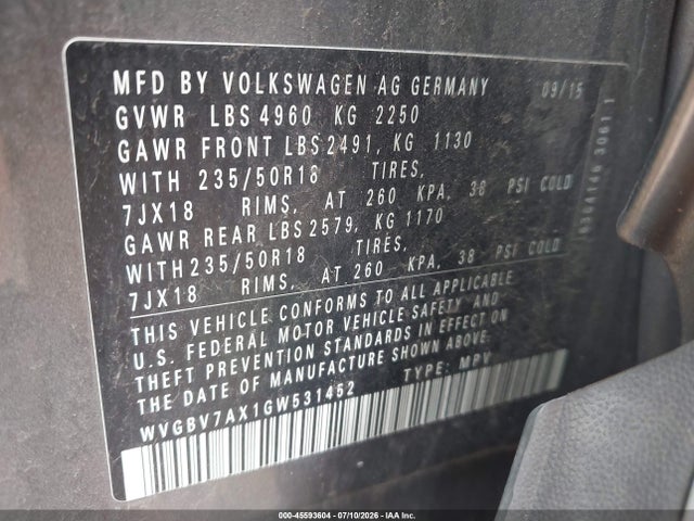 Продажа на аукционе авто 2016 Volkswagen Tiguan Se, vin: WVGBV7AX1GW531452, номер лота: 45593604