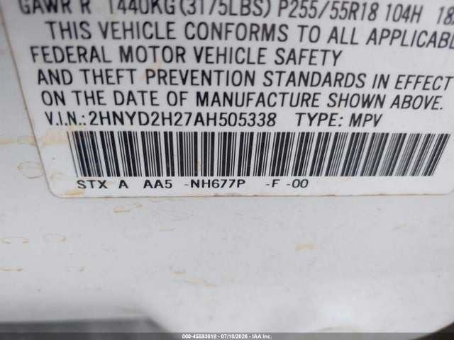Aukcja sprzedaży 2010 Acura Mdx, vin: 2HNYD2H27AH505338, numer aukcji: 45593618