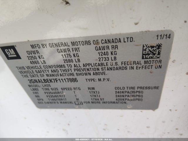 Aukcja sprzedaży 2015 Chevrolet Equinox Lt, vin: 2GNALBEK7F1117886, numer aukcji: 45593621