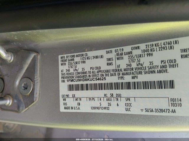 Ford ESCAPE SEL 2019 1FMCU9HD8KUC54625 Image 9