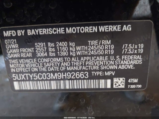Auction sale of the 2021 Bmw X3 Xdrive30i, vin: 5UXTY5C03M9H92663, lot number: 45593645