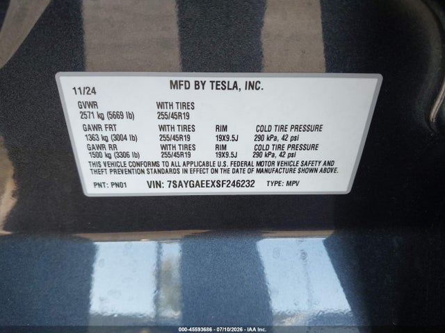 Продажа на аукционе авто 2025 Tesla Model Y Long Range Dual Motor All-wheel Drive, vin: 7SAYGAEEXSF246232, номер лота: 45593686