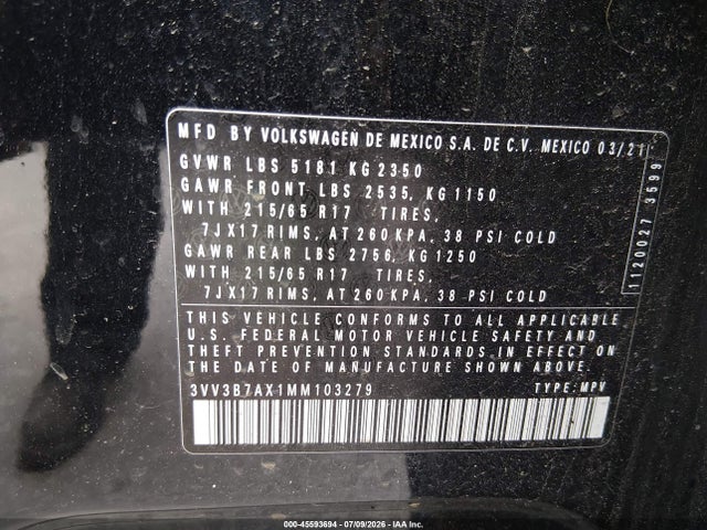 45593694 :رقم المزاد ، 3VV3B7AX1MM103279 vin ، 2021 Volkswagen Tiguan 2.0t Se/2.0t Se R-line Black/2.0t Sel مزاد بيع