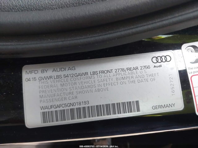 45593703 :رقم المزاد ، WAUFGAFC5GN018193 vin ، 2016 Audi A6 3.0t Premium Plus مزاد بيع