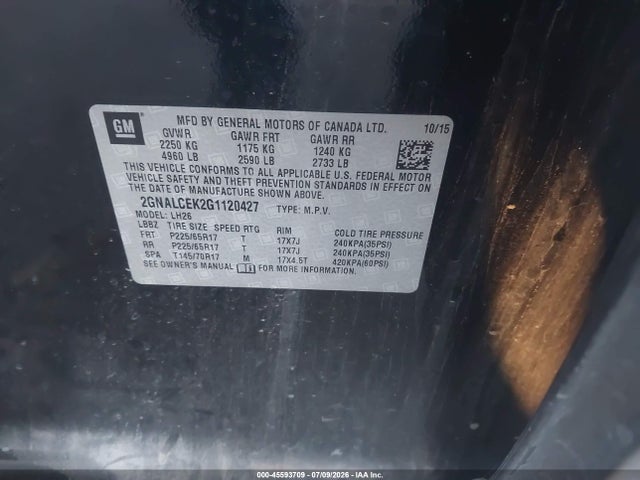 Chevrolet EQUINOX LT 2016 2GNALCEK2G1120427 Image 9
