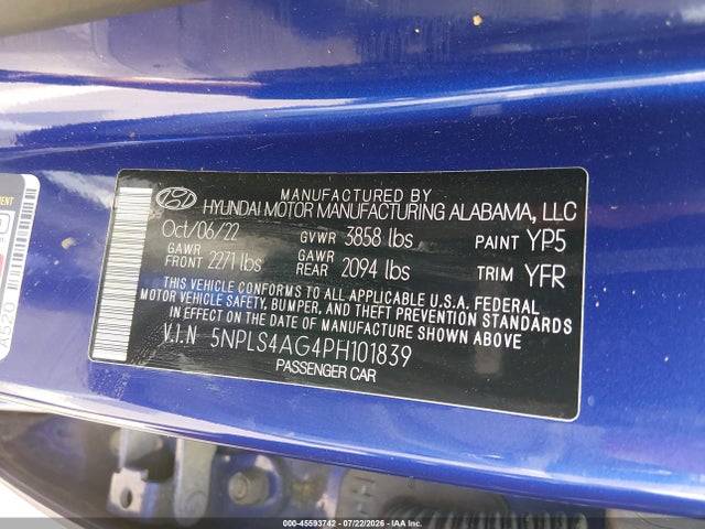 2023 Hyundai Elantra Sel მანქანა იყიდება აუქციონზე, vin: 5NPLS4AG4PH101839, აუქციონის ნომერი: 45593742