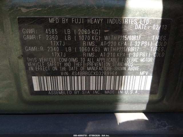 Aukcja sprzedaży 2013 Subaru Outback 2.5i Premium, vin: 4S4BRBGCXD3289964, numer aukcji: 45593751