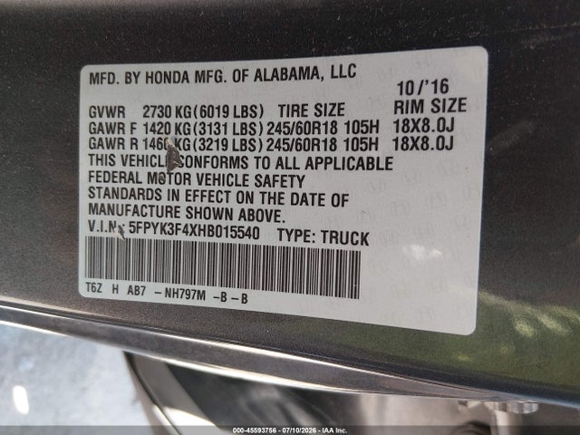 45593756 :رقم المزاد ، 5FPYK3F4XHB015540 vin ، 2017 Honda Ridgeline Rts مزاد بيع