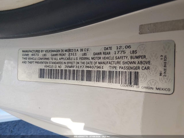 Продажа на аукционе авто 2007 Volkswagen New Beetle 2.5 (a6), vin: 3VWRF31Y77M407961, номер лота: 45593776